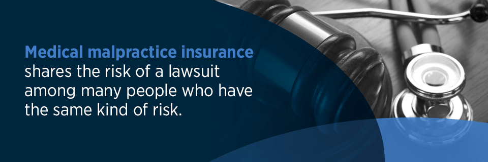  Medical malpractice insurance shares the risk of a lawsuit among many people who have the same kind of risk.