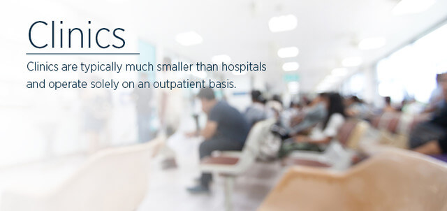 Clinics are typically much smaller than hospitals and operate solely on an outpatient basis.