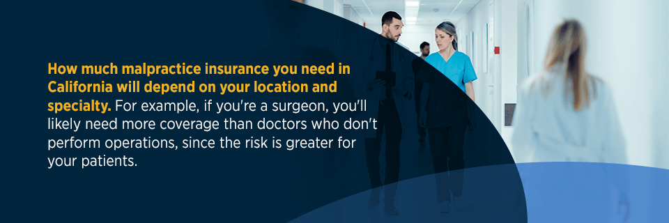 how much malpractice insurance you need in california will depend on your location and specialty. For example, if you're a surgeon, you'll likely need more coverage than doctors who don't perform operations, since the risk is greater for your patients.