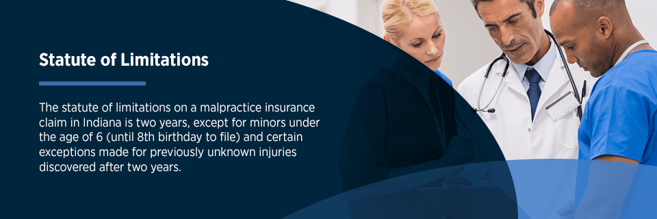 the statute of limitations on a malpractice insurance claim in indiana is two years, except for minors under the age of 6 and certain exceptions made for previously unknown injuries discovered after two years