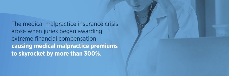 the medical malpractice insurance crisis arose when juries began awarding extreme financial compensation, causing medical malpractice premiums to skyrocket by more than 300%