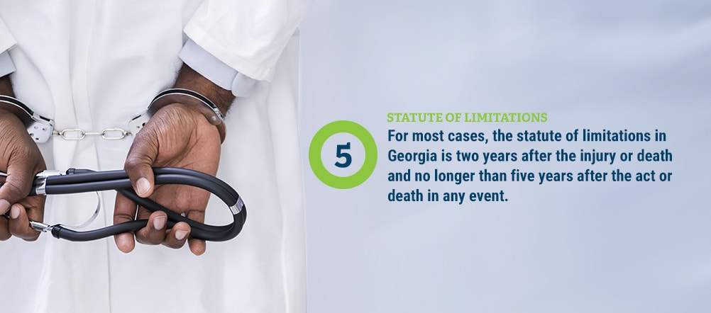 For most cases, the statute of limitations in Georgia is two years after the injury or death and no longer than five years after the act or death in any event.